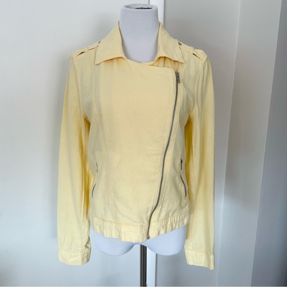 Maurices Pastel Yellow Linen Blend Asymmetrical Zip Up Moto Jacket Size M